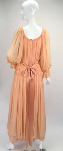 1970s Bill Blass Peach Silk Chiffon Dress