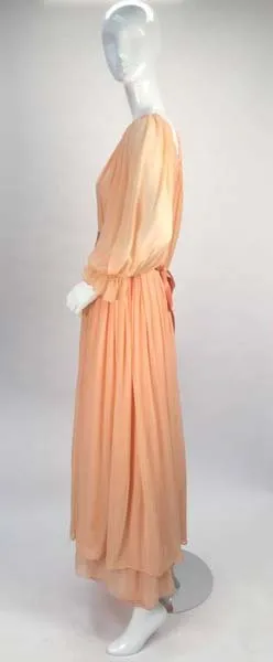 1970s Bill Blass Peach Silk Chiffon Dress