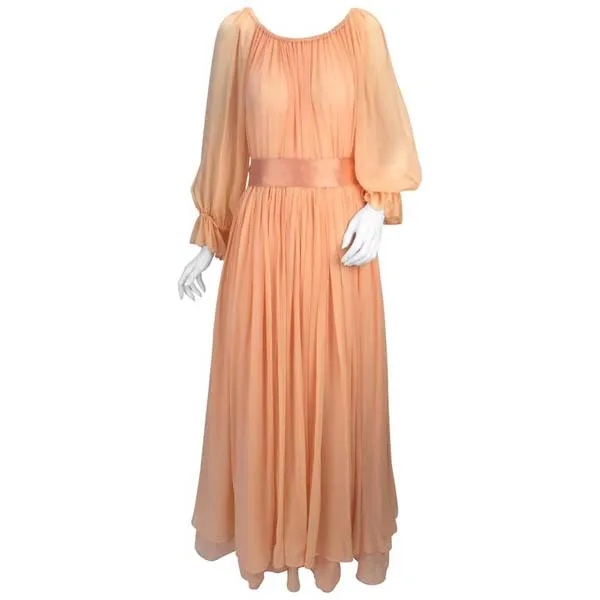 1970s Bill Blass Peach Silk Chiffon Dress