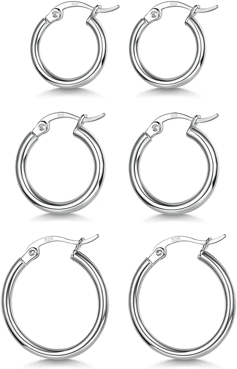 3 Pairs 925 Sterling Silver Hoop Earrings | Small White Gold Plated Hoop Earrings for Women Girls (13mm, 15mm, 20mm)