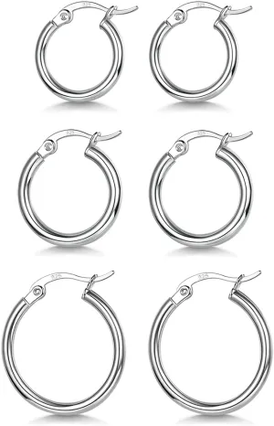 3 Pairs 925 Sterling Silver Hoop Earrings | Small White Gold Plated Hoop Earrings for Women Girls (13mm, 15mm, 20mm)