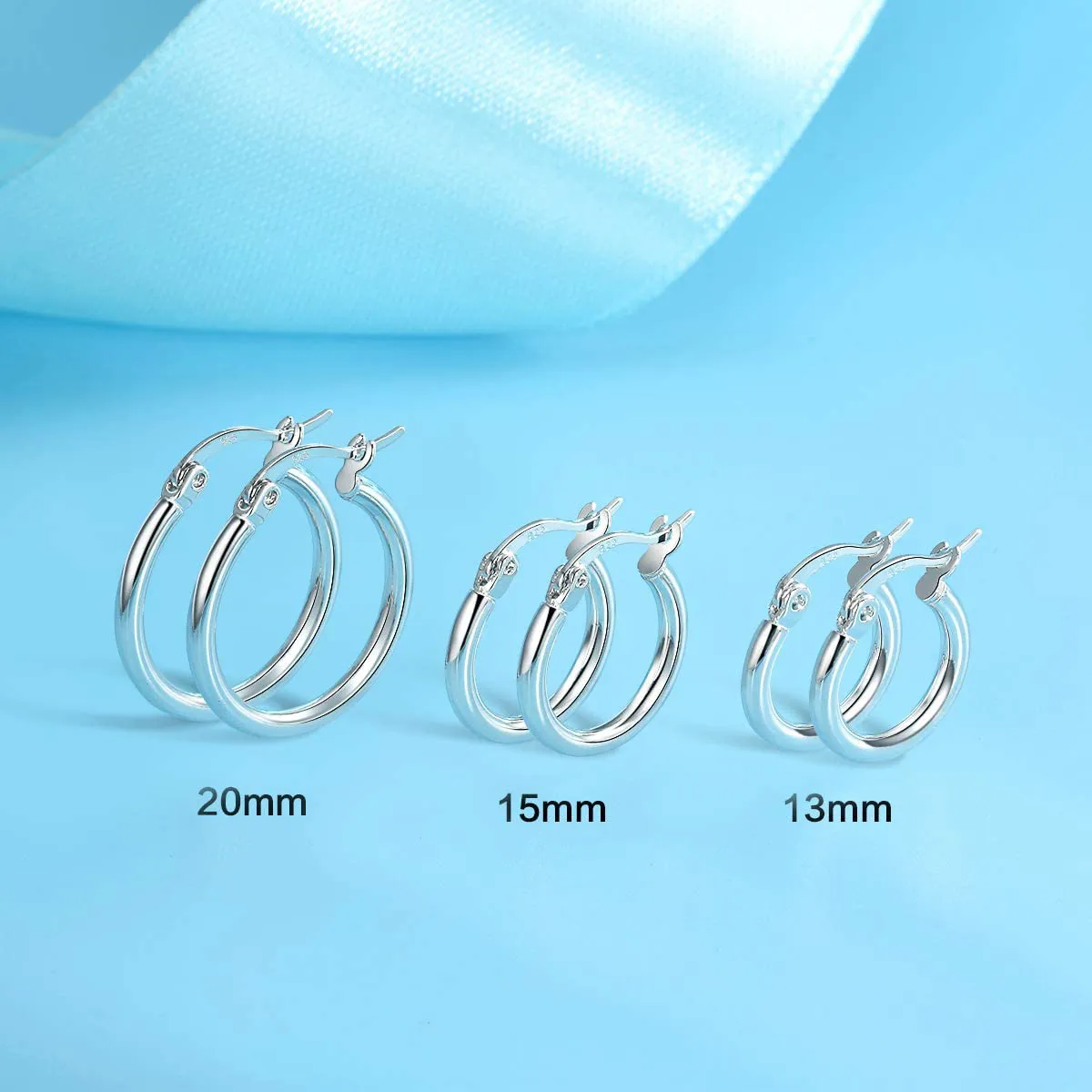 3 Pairs 925 Sterling Silver Hoop Earrings | Small White Gold Plated Hoop Earrings for Women Girls (13mm, 15mm, 20mm)