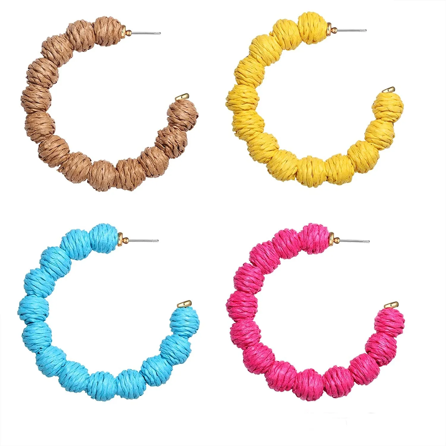 4 Pairs Rattan Earrings Hand Woven Geometric Statement Hoop Straw Wicker Braid Earrings Summer Beach Bohemian Drop Dangle Earrings for Women Girls