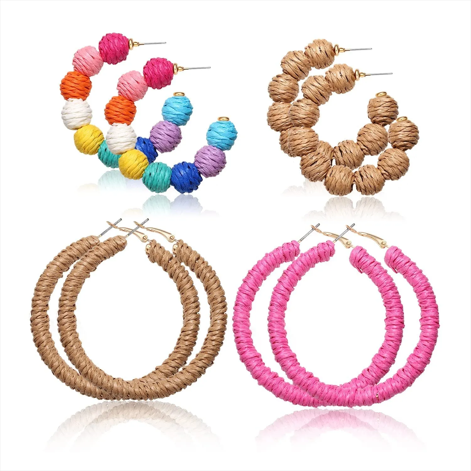 4 Pairs Rattan Earrings Hand Woven Geometric Statement Hoop Straw Wicker Braid Earrings Summer Beach Bohemian Drop Dangle Earrings for Women Girls