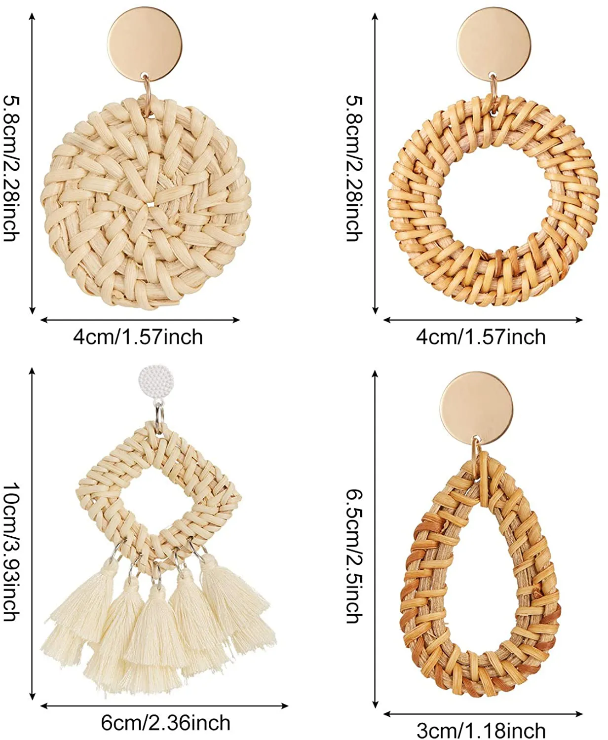 4 Pairs Rattan Earrings Lightweight Geometric Statement Tassel Woven Bohemian Earrings Handmade Straw Wicker Braid Hoop Drop Dangle Earrings For Women Girls (Style A)