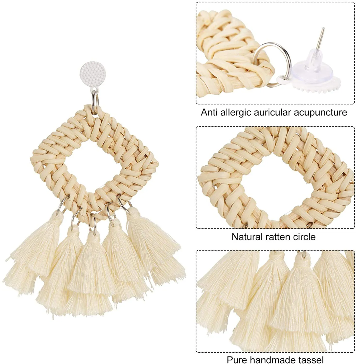 4 Pairs Rattan Earrings Lightweight Geometric Statement Tassel Woven Bohemian Earrings Handmade Straw Wicker Braid Hoop Drop Dangle Earrings For Women Girls (Style A)