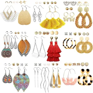 47 Pairs Fashion Earrings for Women Girls, Boho Statement Tassel Rattan Leather Earrings Ethnic Fashion Butterfly Stud Acrylic Hoop Silver Drop Dangle Earrings Set for Birthday Everyday Jewelry Gift