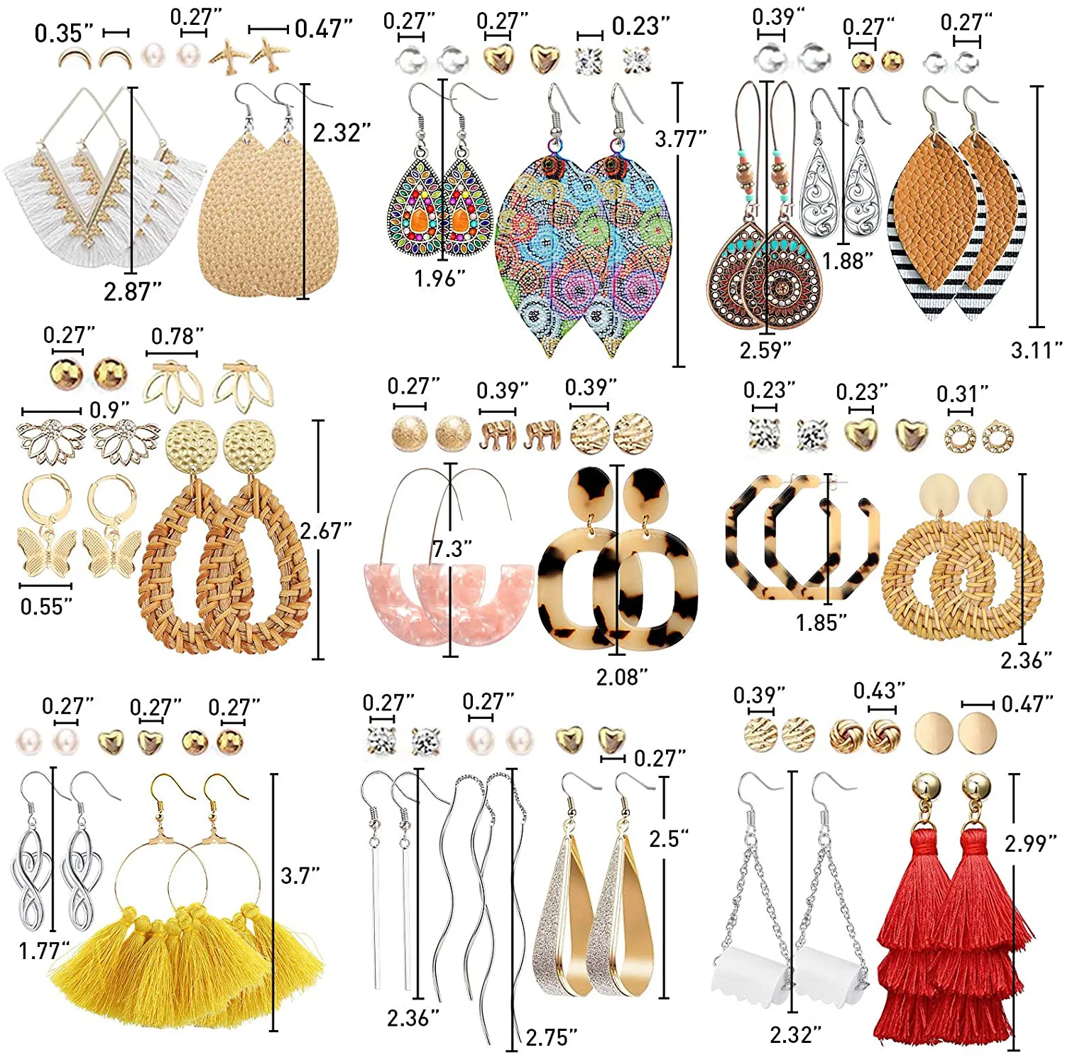 47 Pairs Fashion Earrings for Women Girls, Boho Statement Tassel Rattan Leather Earrings Ethnic Fashion Butterfly Stud Acrylic Hoop Silver Drop Dangle Earrings Set for Birthday Everyday Jewelry Gift