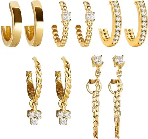 5 Pairs Gold Silver Huggies Hoop Earrings Set for Women Girls Small Tiny Dangle Cubic Zirconia Chain Hoop Earrings Jewelry for Gifts