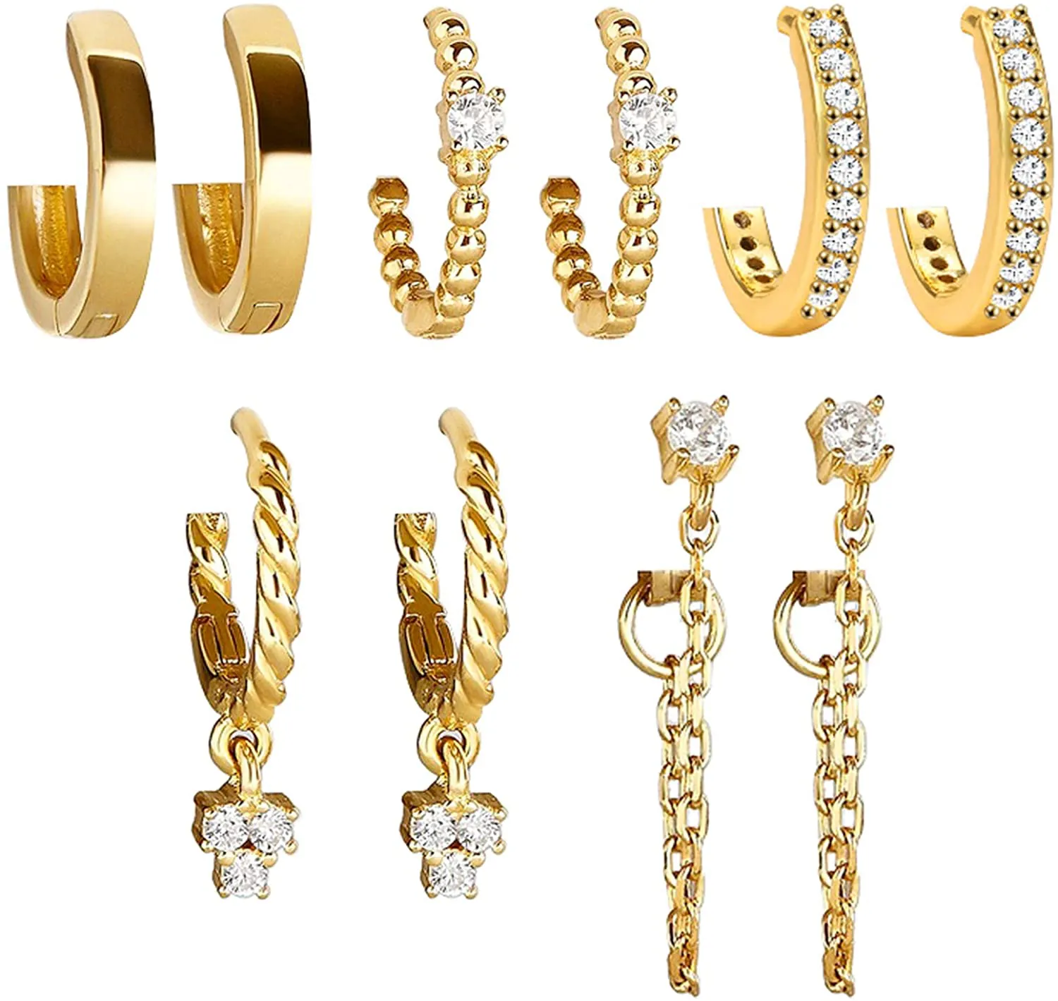 5 Pairs Gold Silver Huggies Hoop Earrings Set for Women Girls Small Tiny Dangle Cubic Zirconia Chain Hoop Earrings Jewelry for Gifts