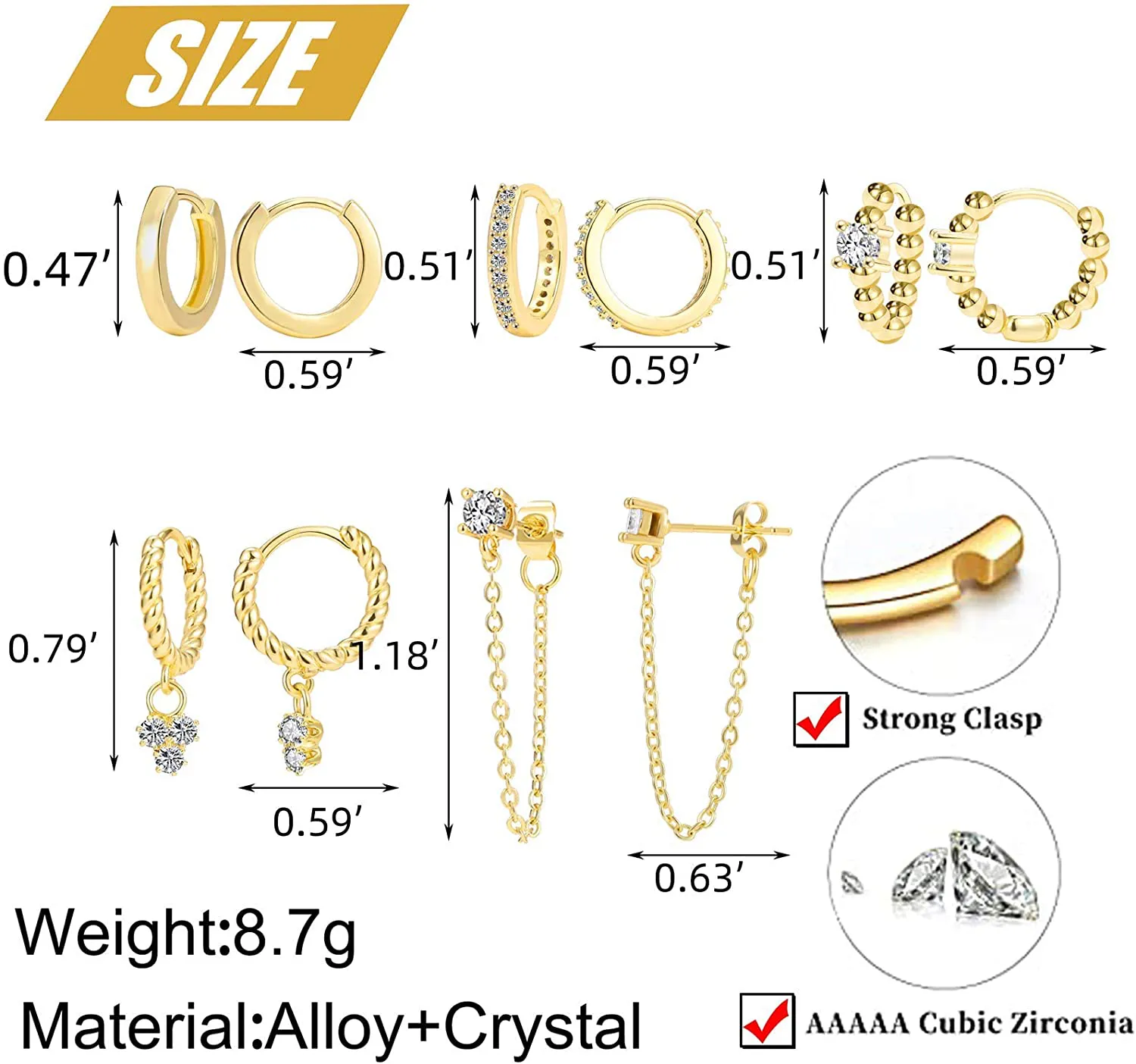 5 Pairs Gold Silver Huggies Hoop Earrings Set for Women Girls Small Tiny Dangle Cubic Zirconia Chain Hoop Earrings Jewelry for Gifts