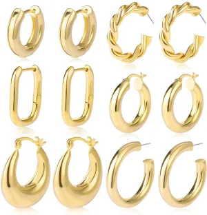 6 Pairs Gold Chunky Hoop Earrings Set for Women Hypoallergenic Thick Open Twisted Huggie Hoop Jewelry for Birthday/Christmas Gifts