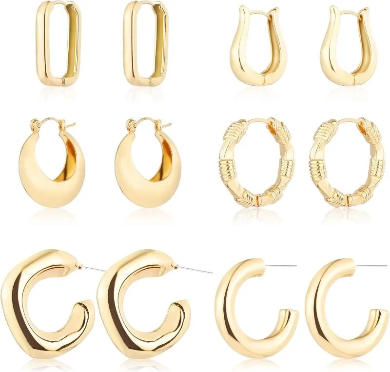 6 Pairs Hoop Earrings for Women Lightweight Chunky Hoop Earrings Multipack Hypoallergenic