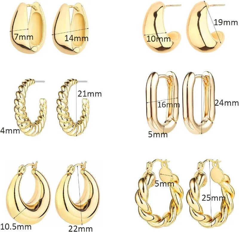 6 Pairs Hoop Earrings for Women Lightweight Chunky Hoop Earrings Multipack Hypoallergenic