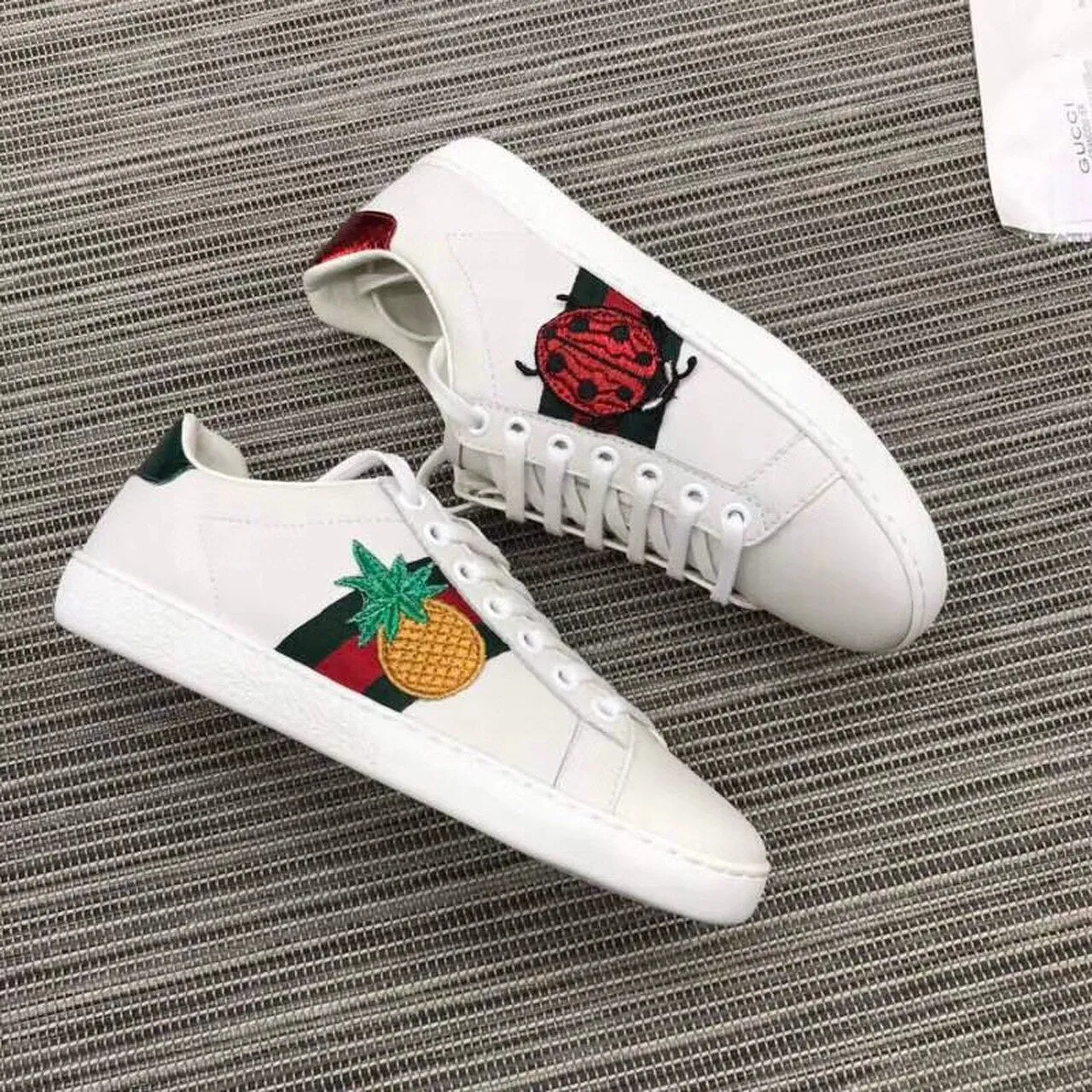 Ace Pineapple/Labybug Embroidered Sneakers 431920 Calfskin Leather Spring/Summer 2018 Collection, White