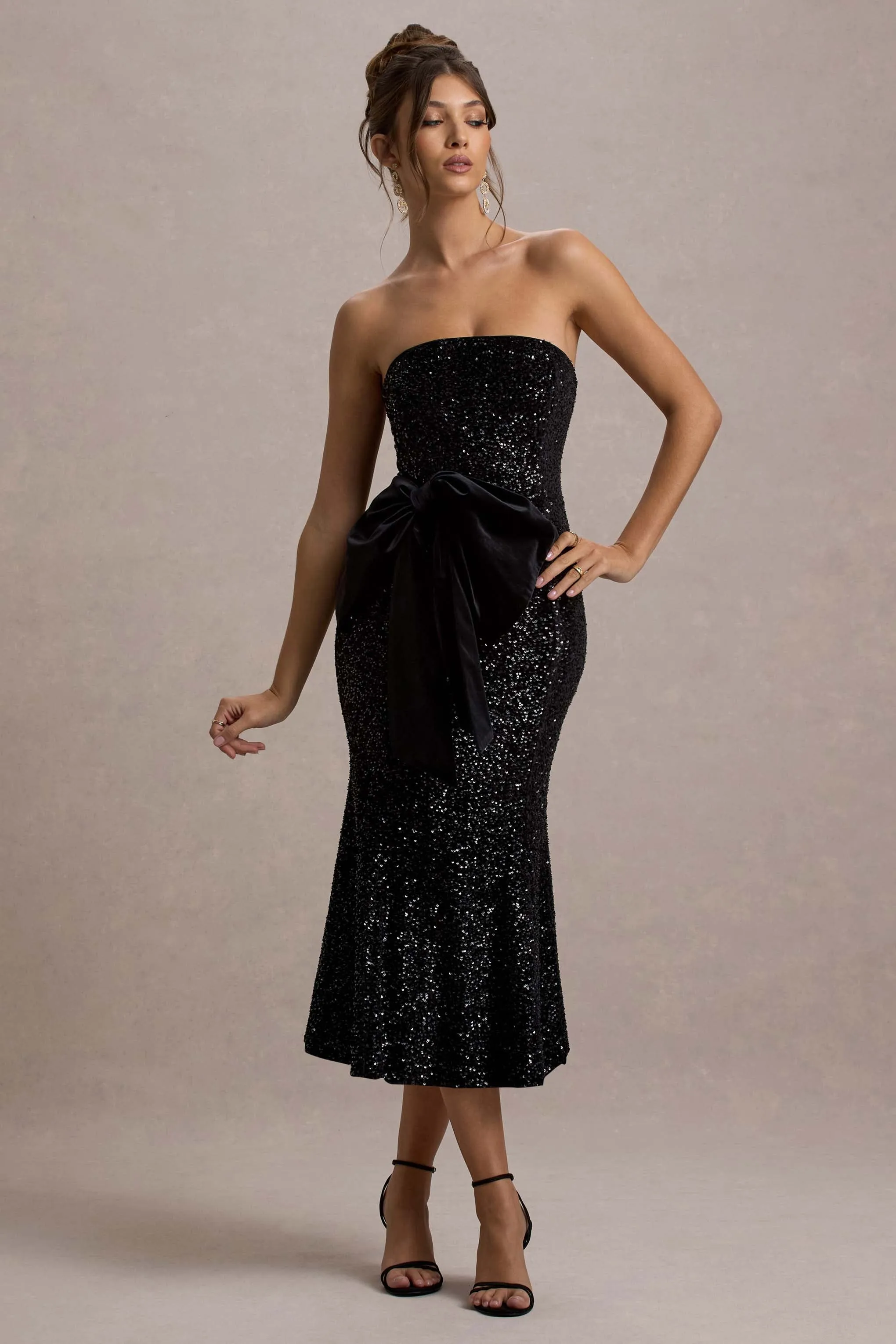 Adee | Black Sequin Velvet Halter-Neck Midi Dress With Bow