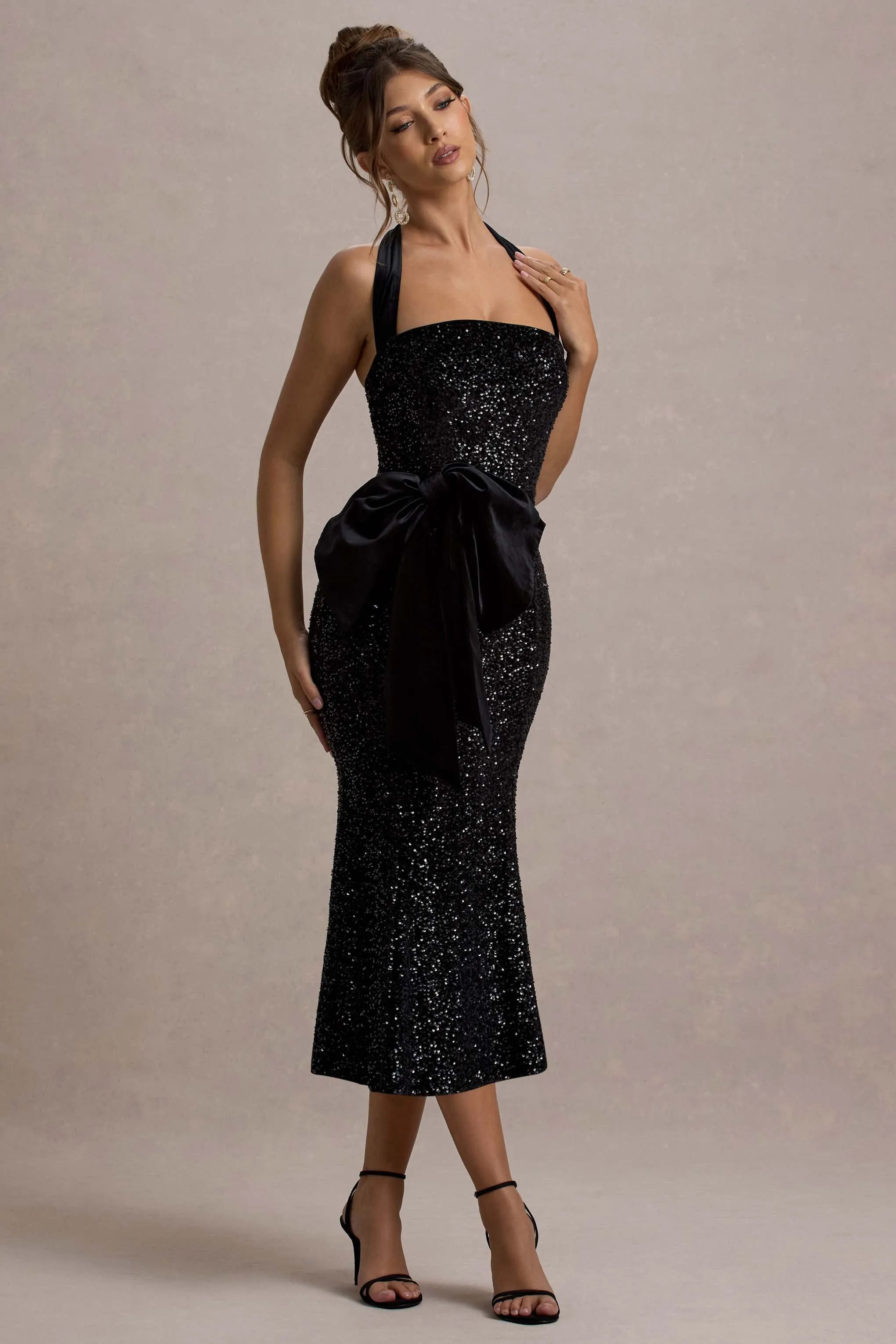 Adee | Black Sequin Velvet Halter-Neck Midi Dress With Bow