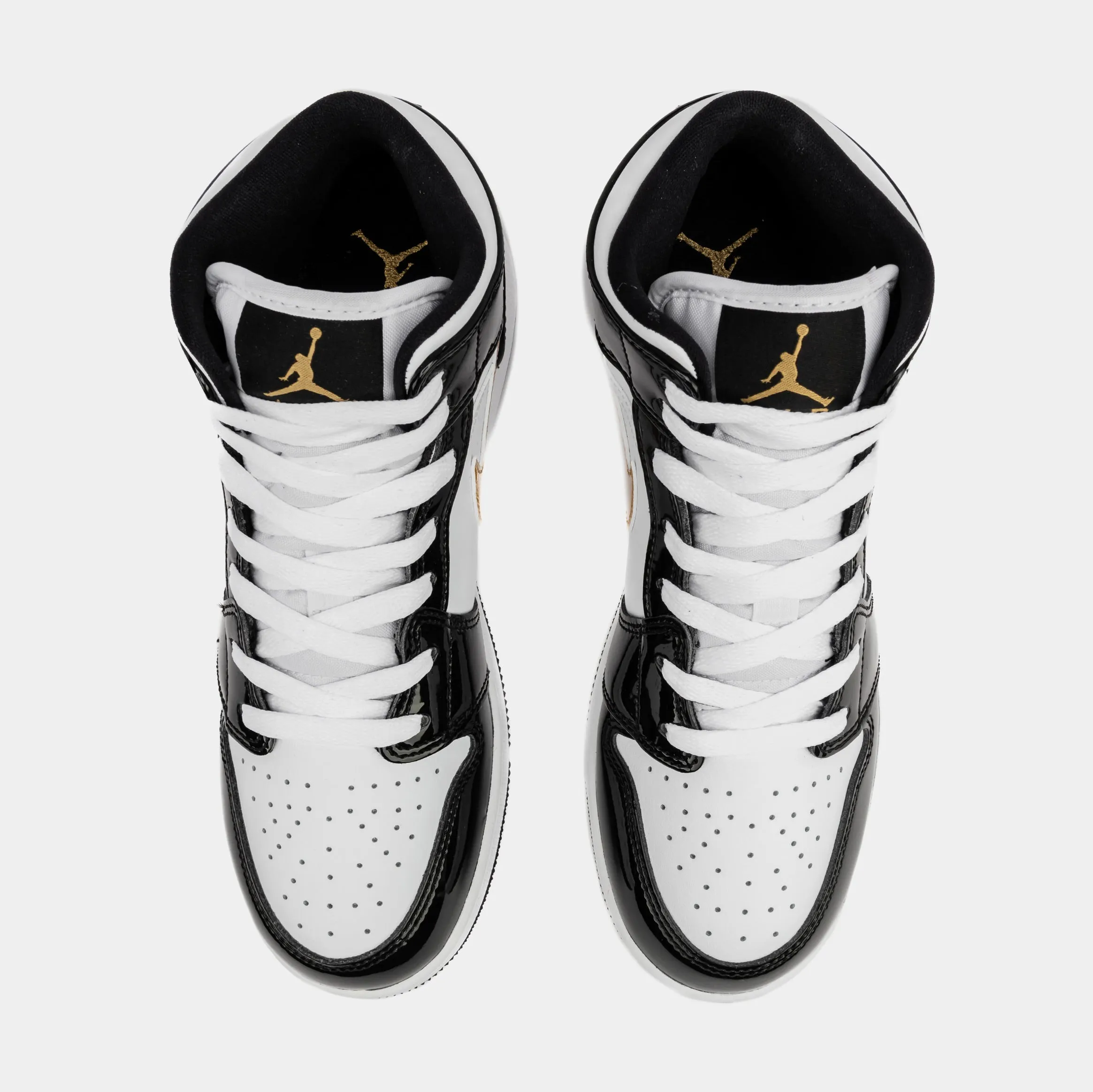 Air Jordan 1 Mid Patent Black Gold SE Grade School Lifestyle Shoes (Black/White/Metallic Gold)