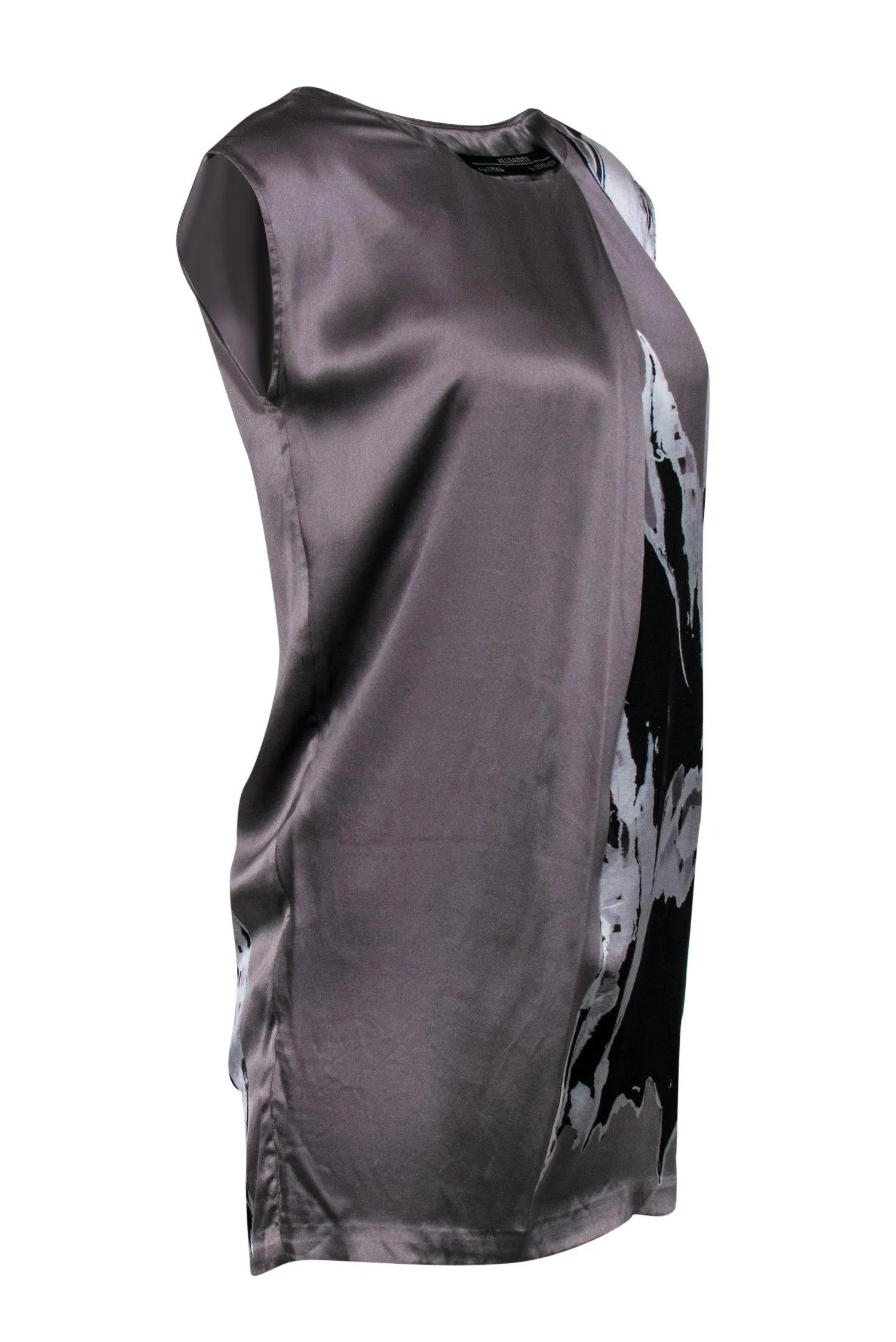 All Saints - Grey & Black Abstract Print Sleeveless Silk Shift Dress Sz 4