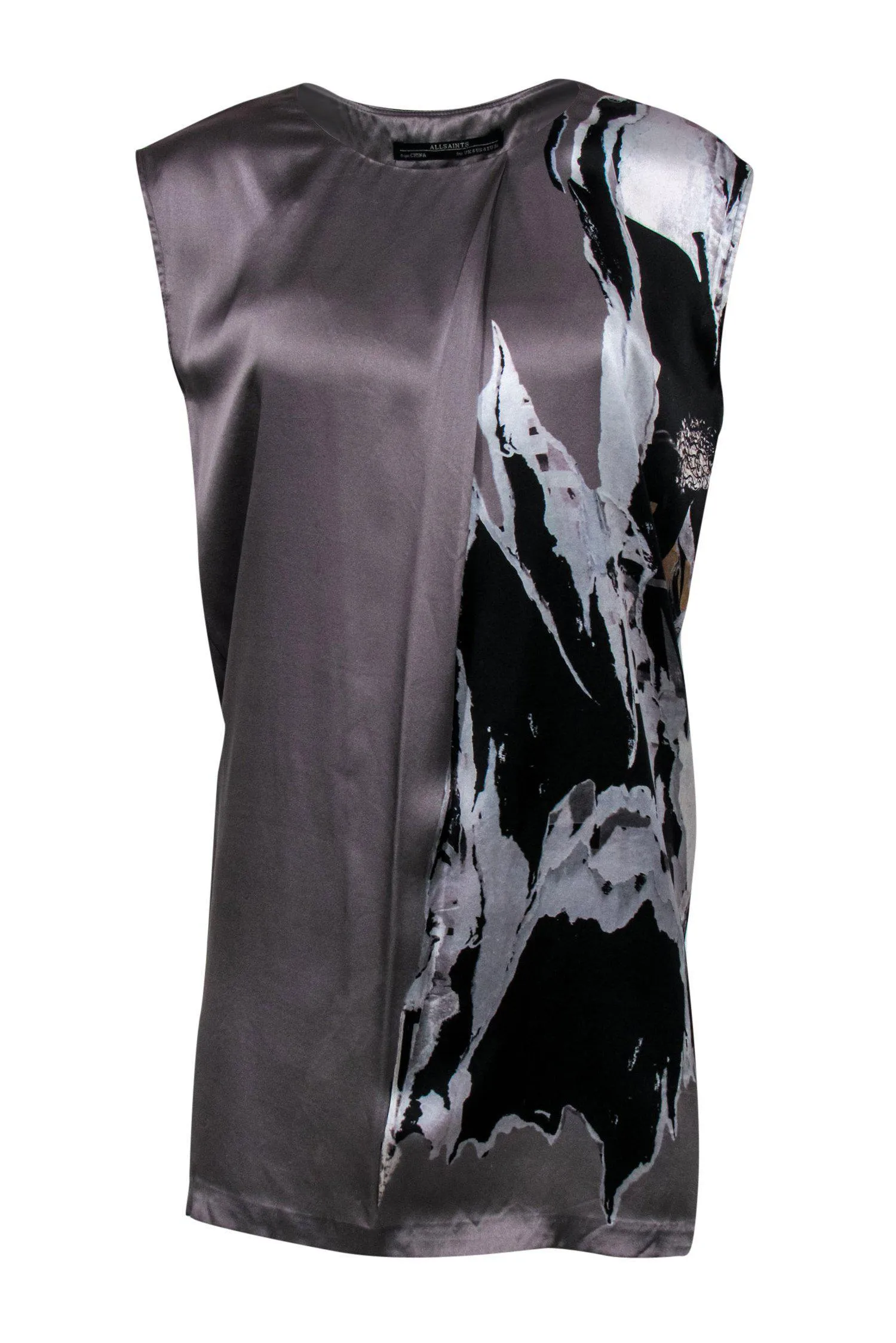 All Saints - Grey & Black Abstract Print Sleeveless Silk Shift Dress Sz 4