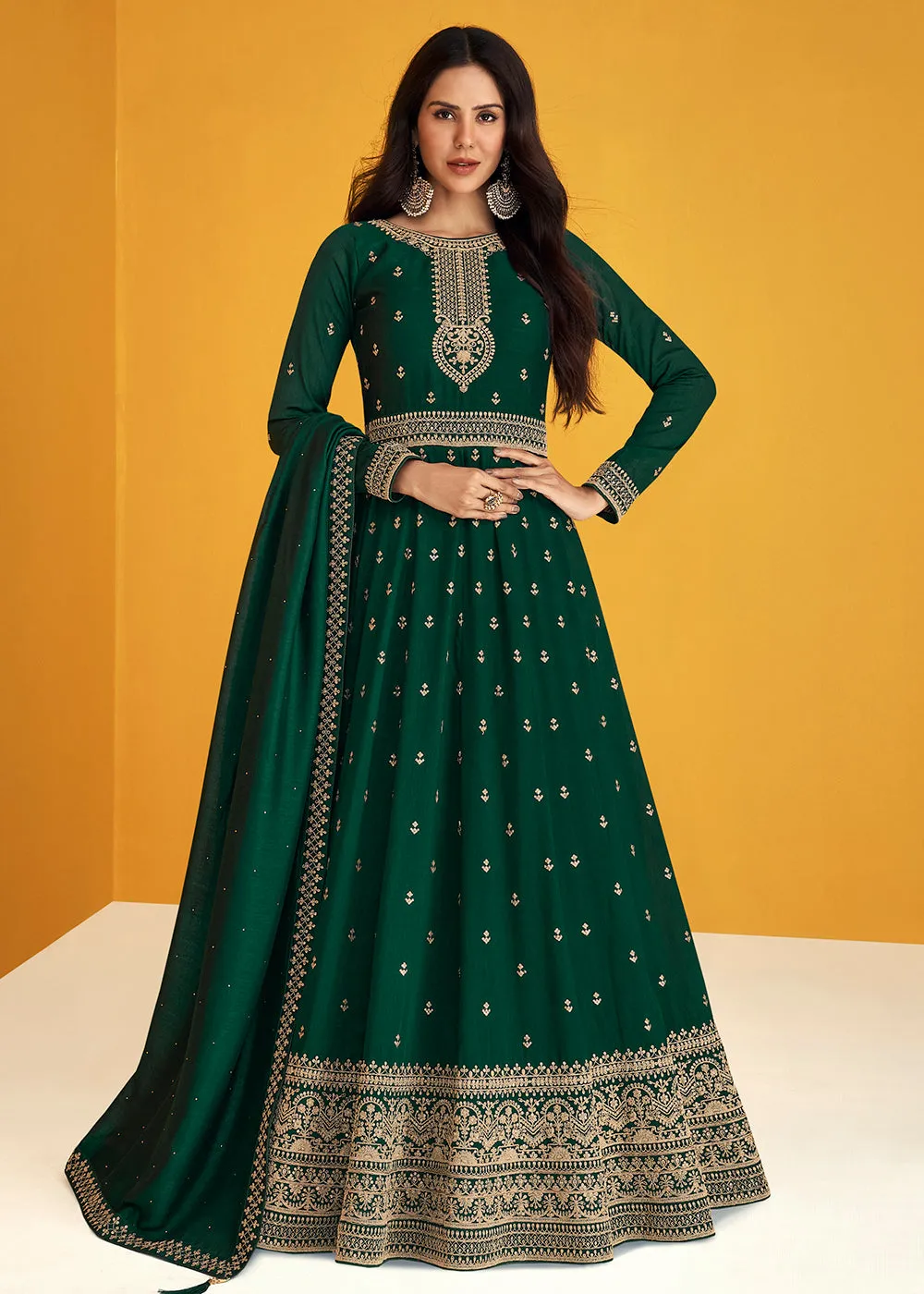 Amazing Green Silk Festive Long Anarkali Featuring Sonam Bajwa