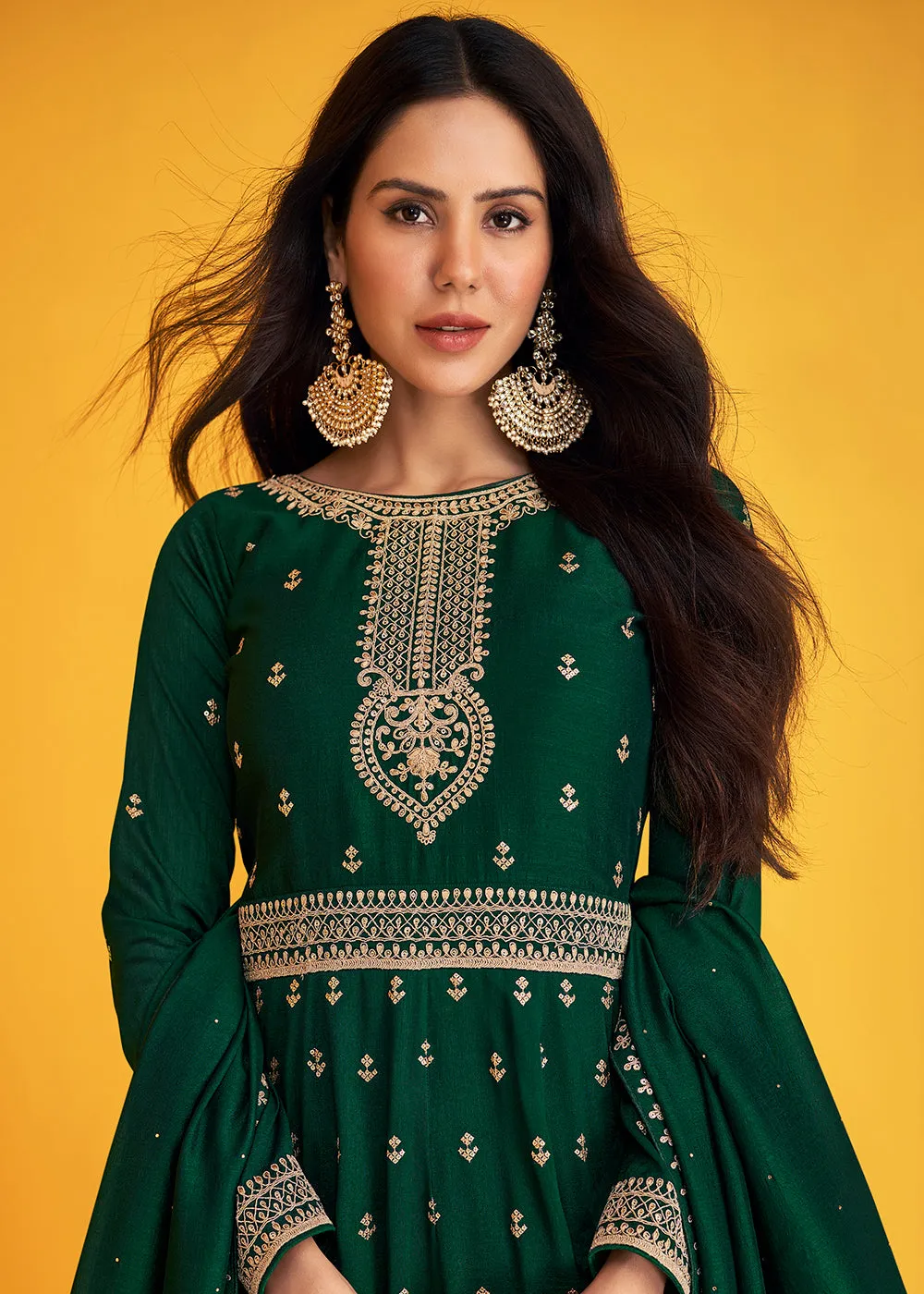 Amazing Green Silk Festive Long Anarkali Featuring Sonam Bajwa