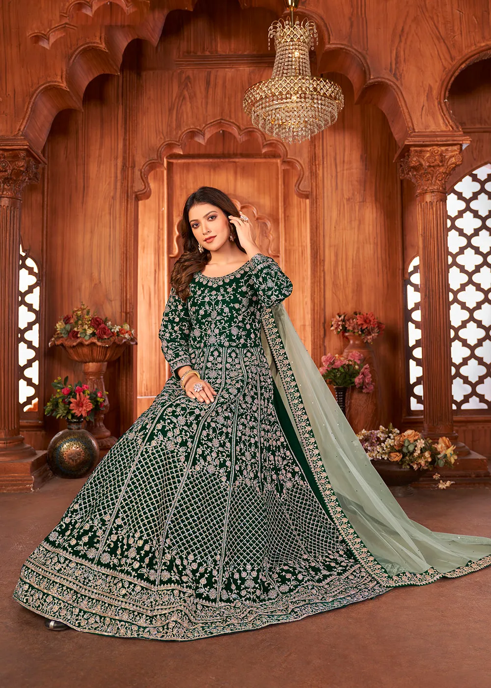 Amazing Green Velvet Wedding Function Wear Anarkali Suit