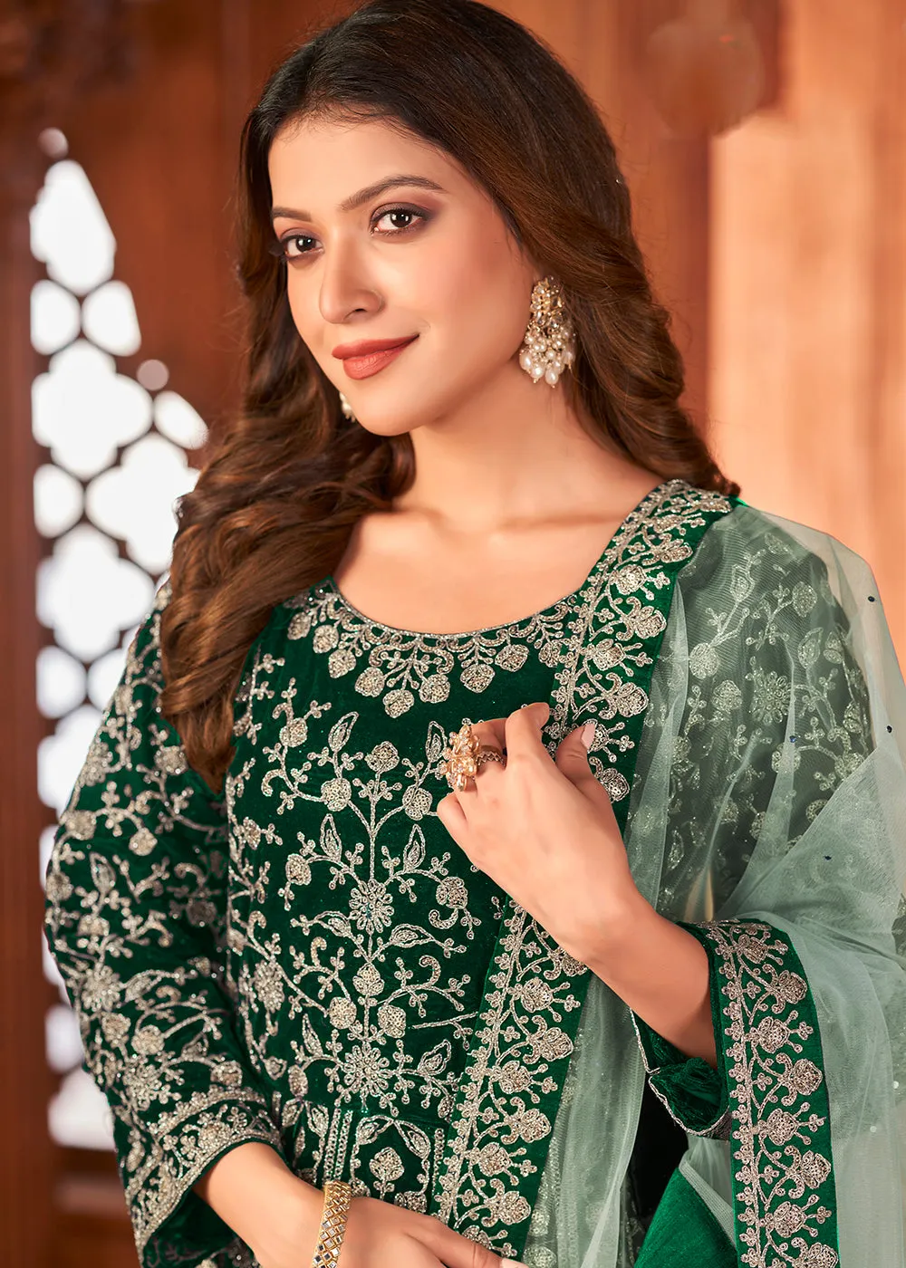 Amazing Green Velvet Wedding Function Wear Anarkali Suit