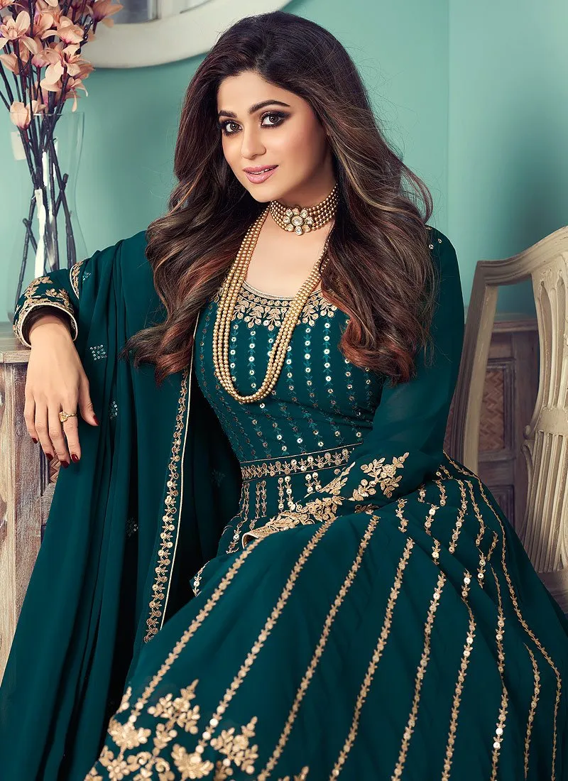 Anarkali Gown in Teal Featuring Shamita Shetty