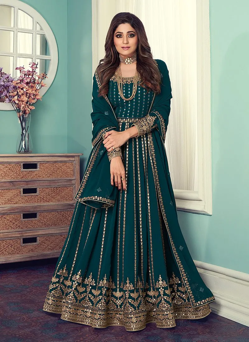 Anarkali Gown in Teal Featuring Shamita Shetty