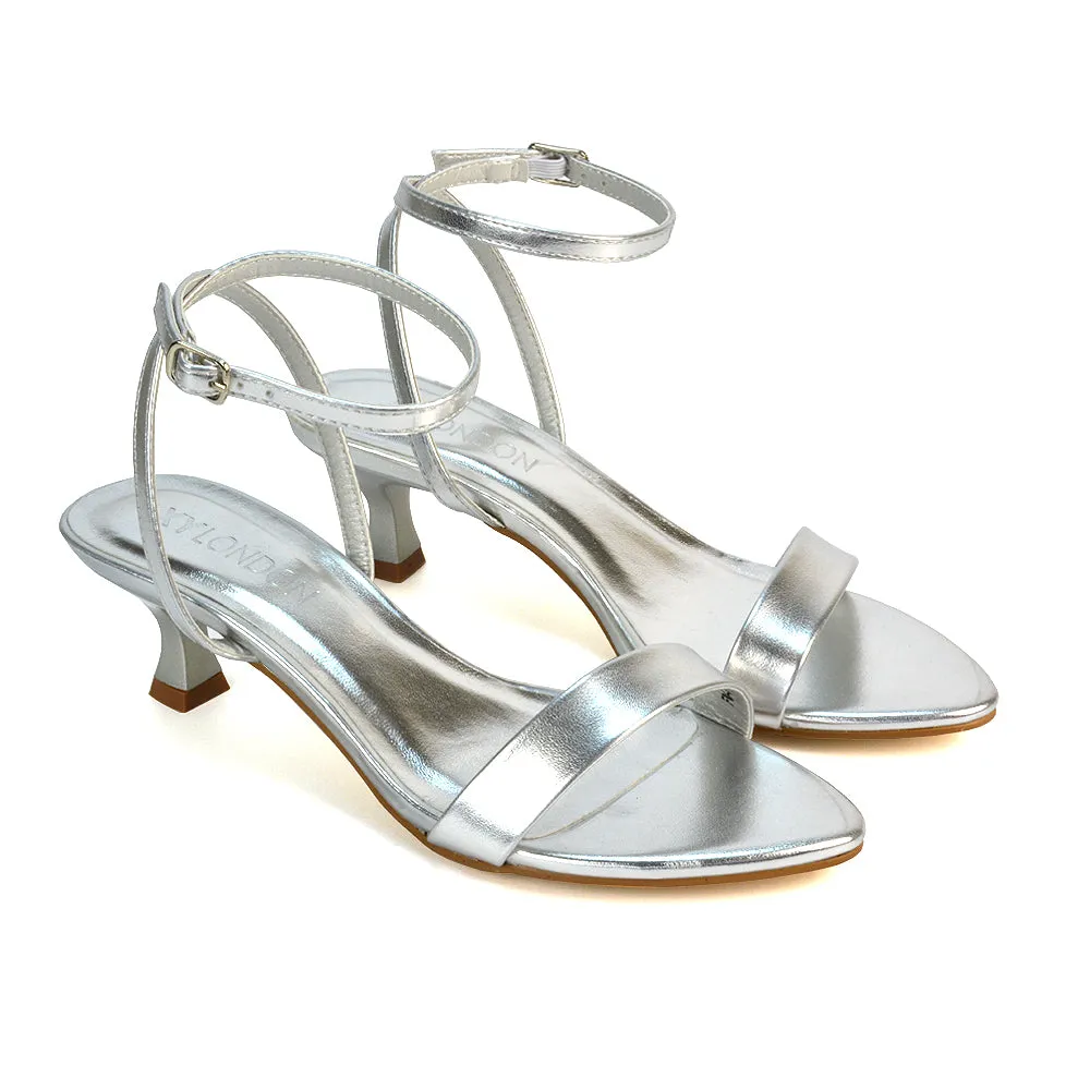 Antonia Strappy Party Kitten Low Heel Sandals in Silver Metallic