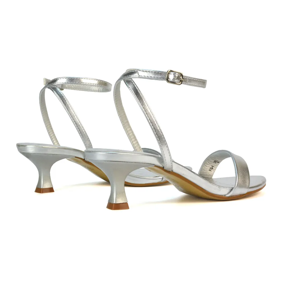 Antonia Strappy Party Kitten Low Heel Sandals in Silver Metallic