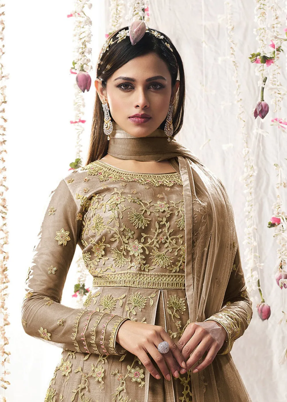 Appealing Chikoo Beige Wedding Festive Floor Length Anarkali Suit