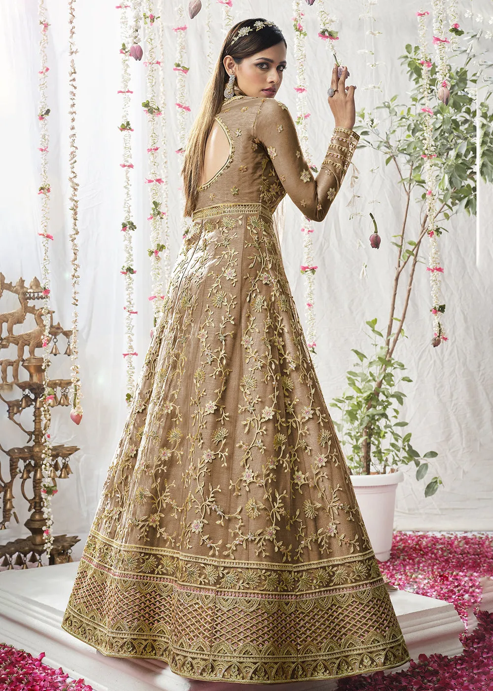 Appealing Chikoo Beige Wedding Festive Floor Length Anarkali Suit