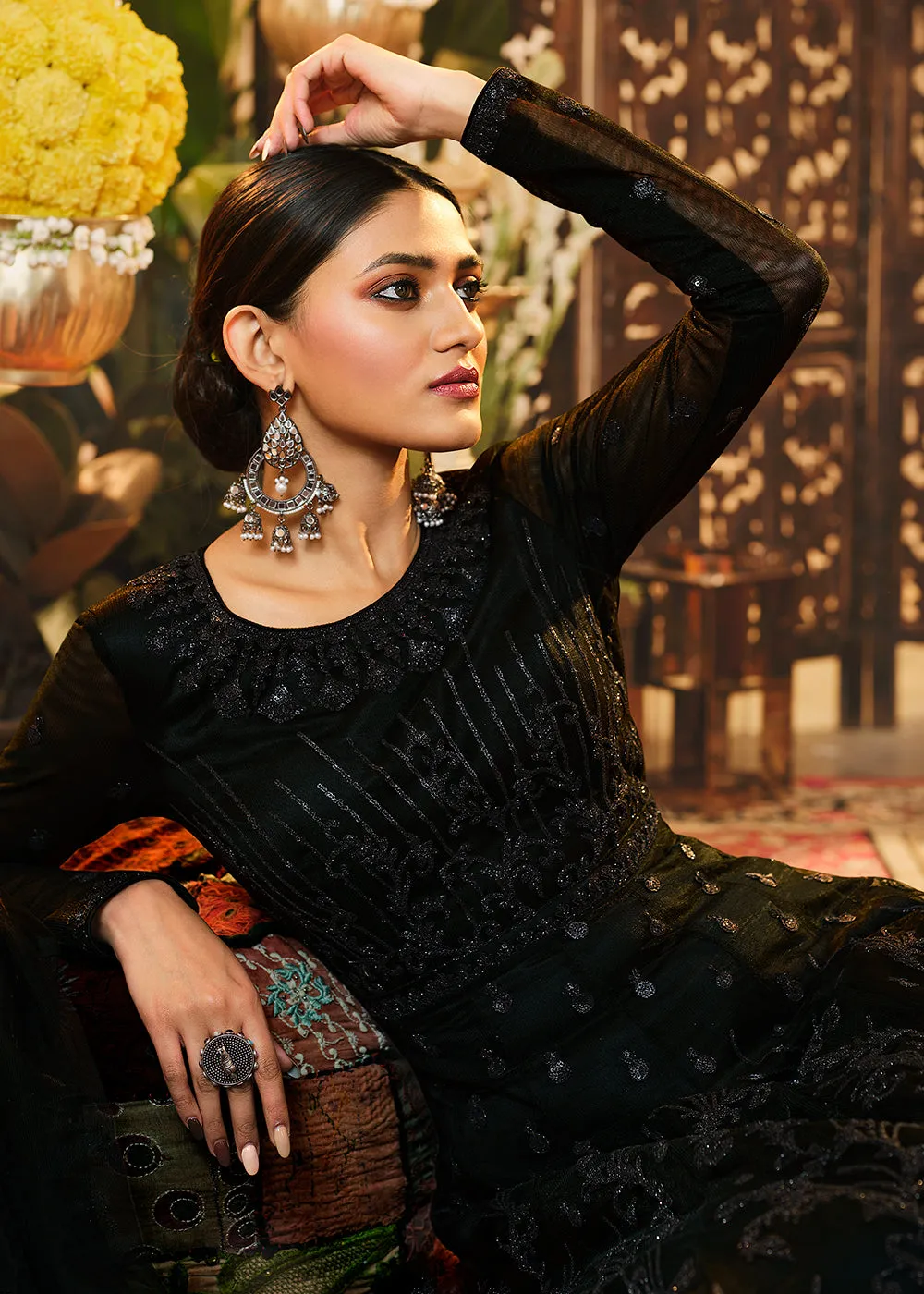 Beautiful Classy Black Embroidered Designer Floor Length Anarkali