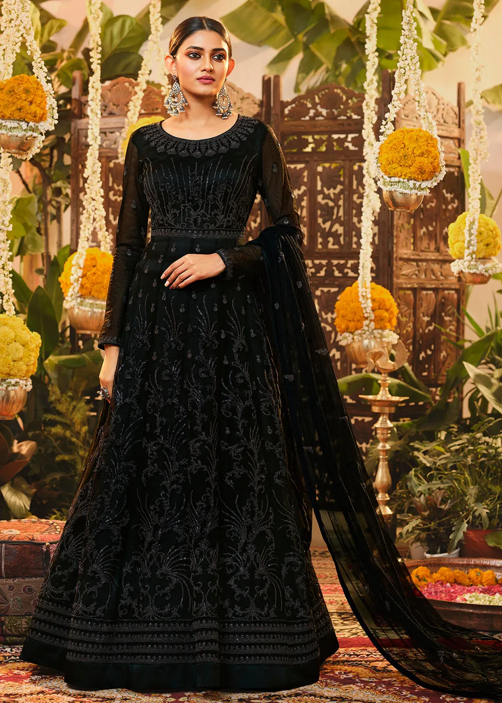 Beautiful Classy Black Embroidered Designer Floor Length Anarkali