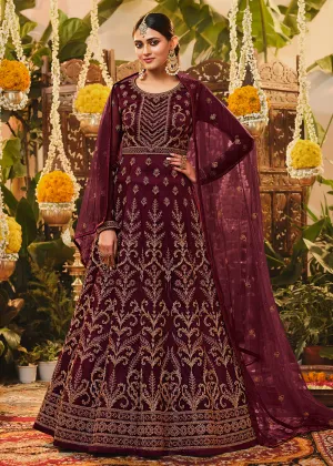 Beautiful Maroon Net Embroidered Designer Floor Length Anarkali