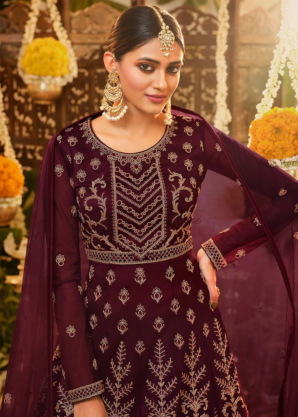 Beautiful Maroon Net Embroidered Designer Floor Length Anarkali