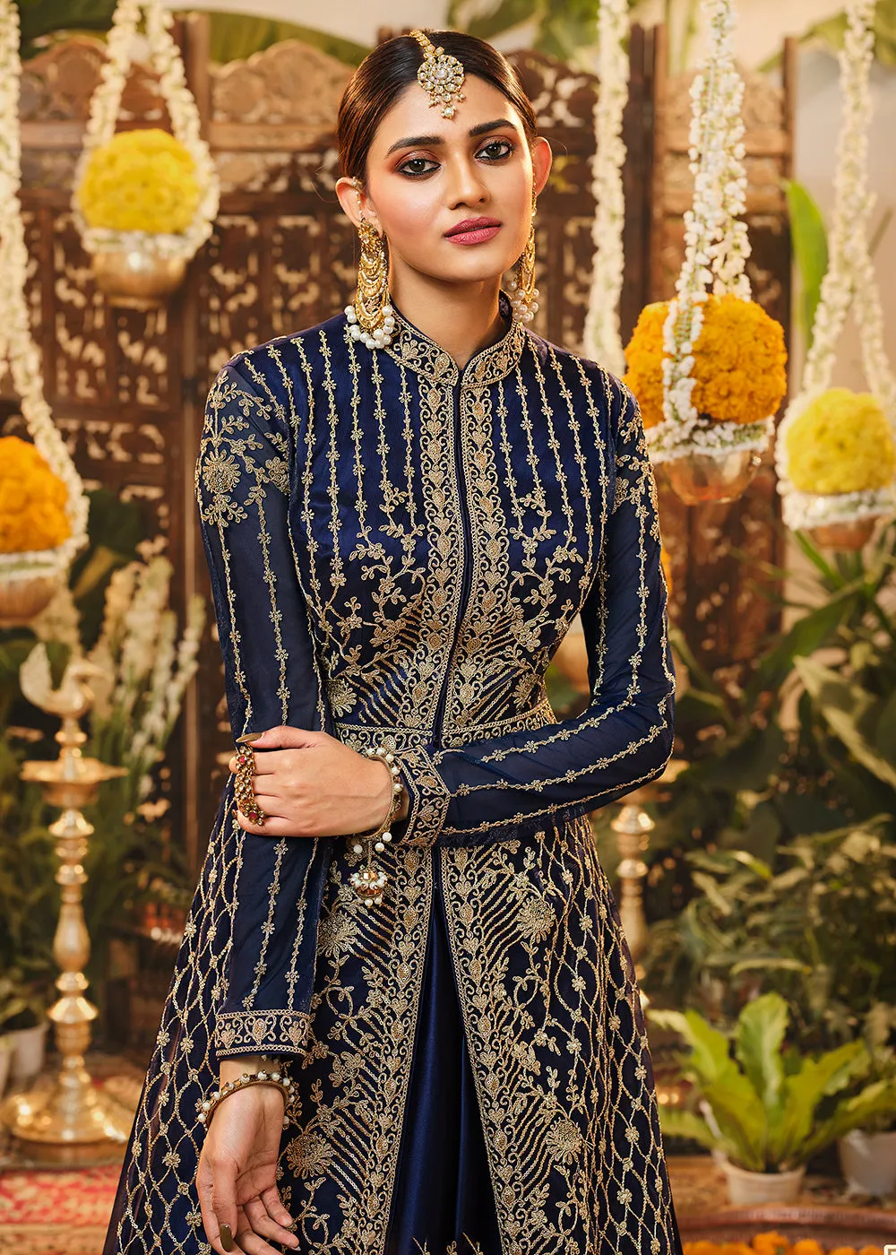 Beautiful Navy Blue Embroidered Lehenga & Jacket Style Anarkali