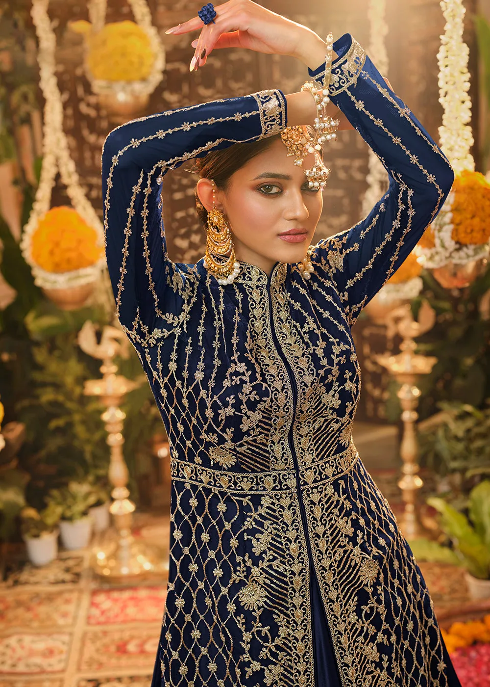 Beautiful Navy Blue Embroidered Lehenga & Jacket Style Anarkali