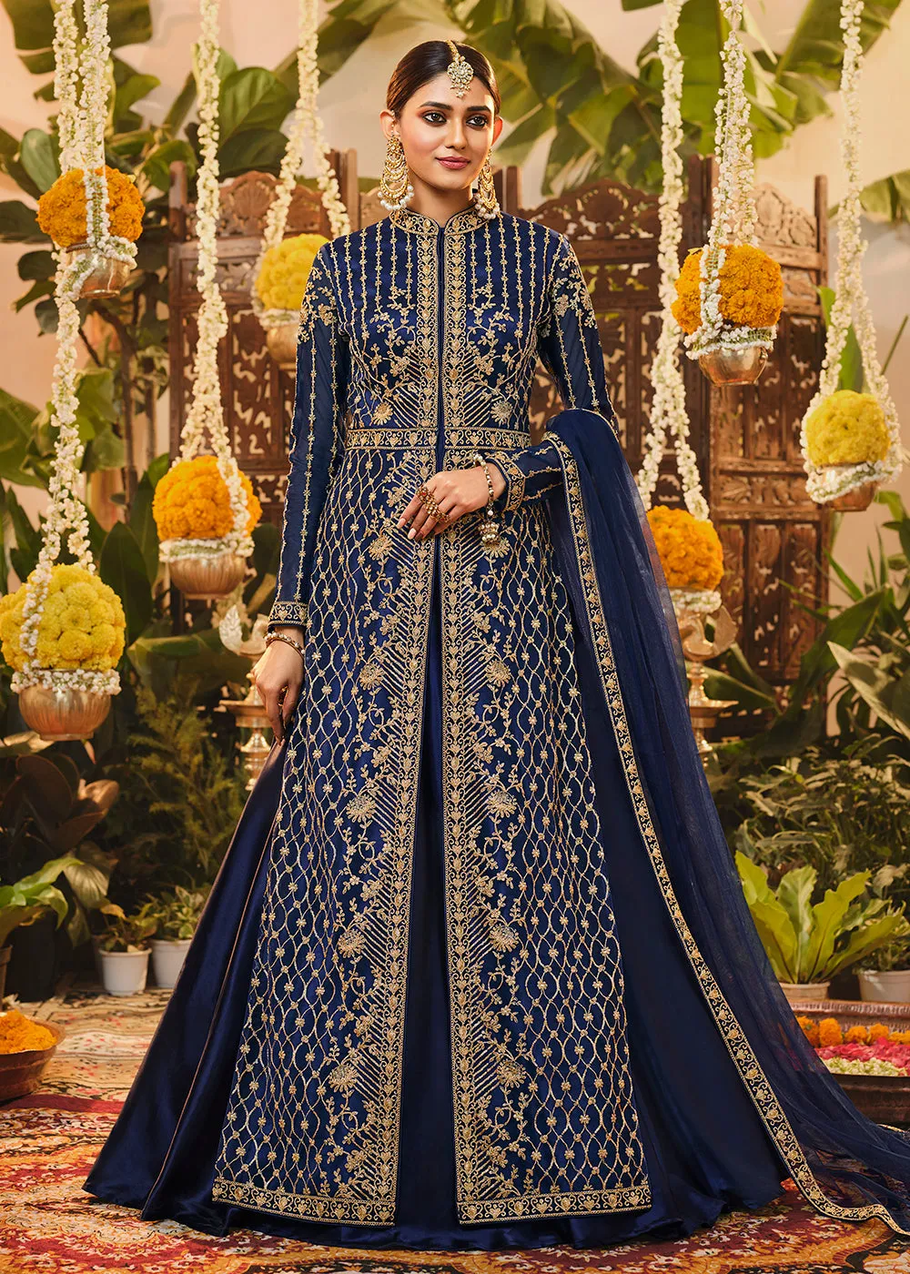 Beautiful Navy Blue Embroidered Lehenga & Jacket Style Anarkali