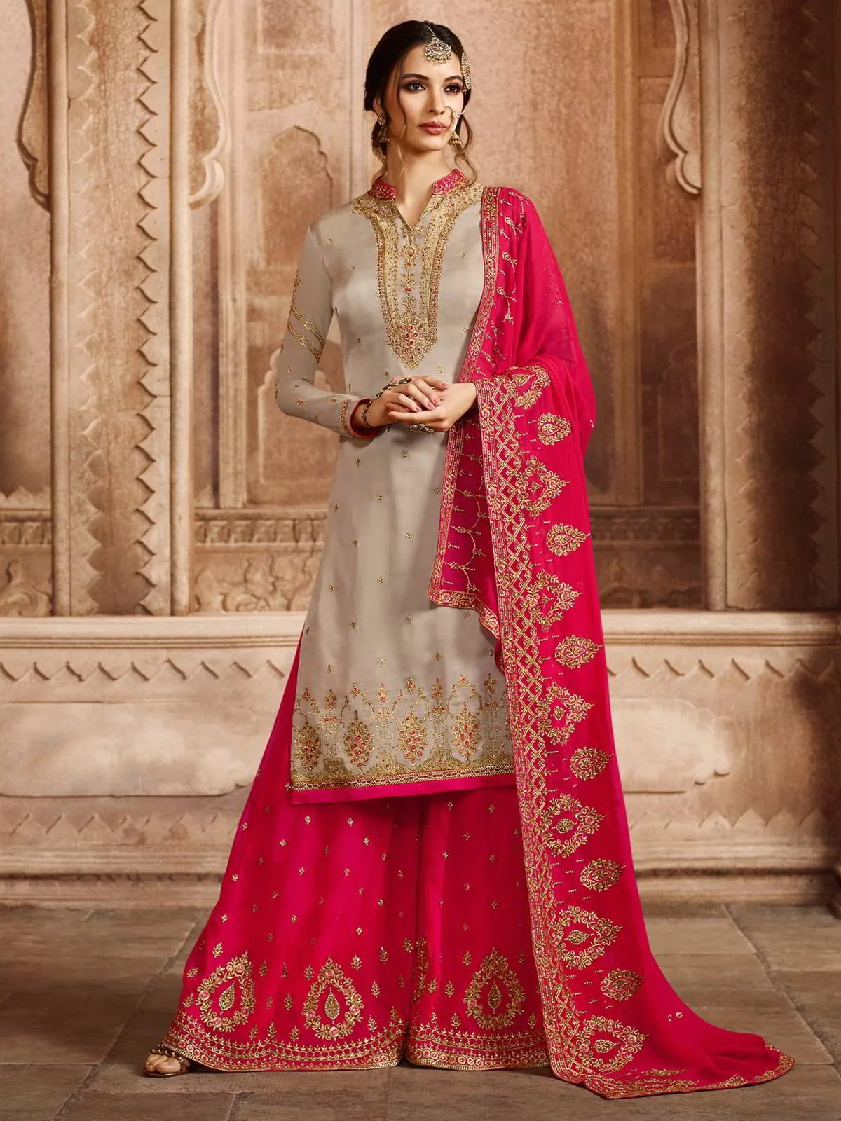 Beige And Pink Embroidered Pakistani Gharara Suit