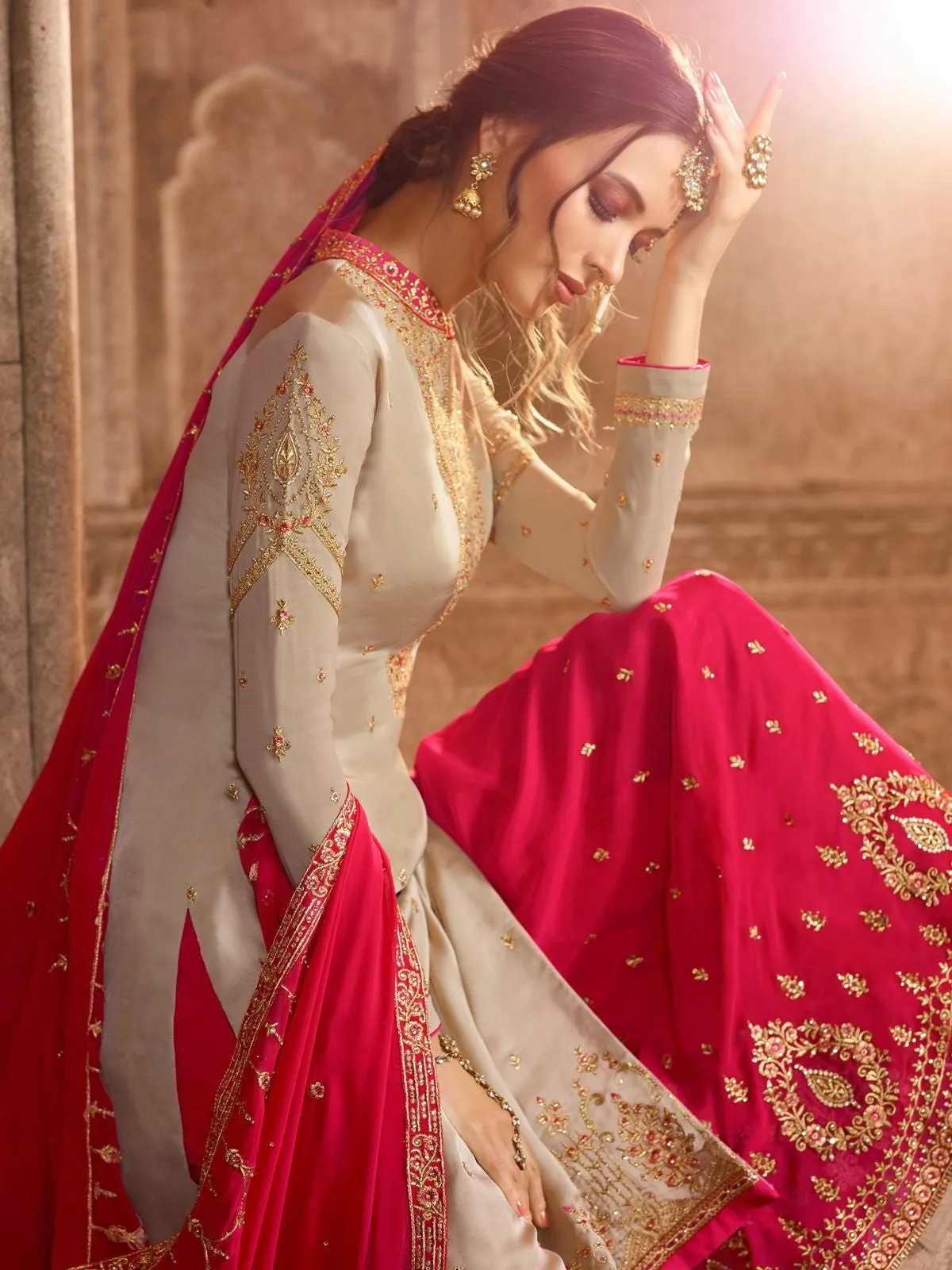 Beige And Pink Embroidered Pakistani Gharara Suit