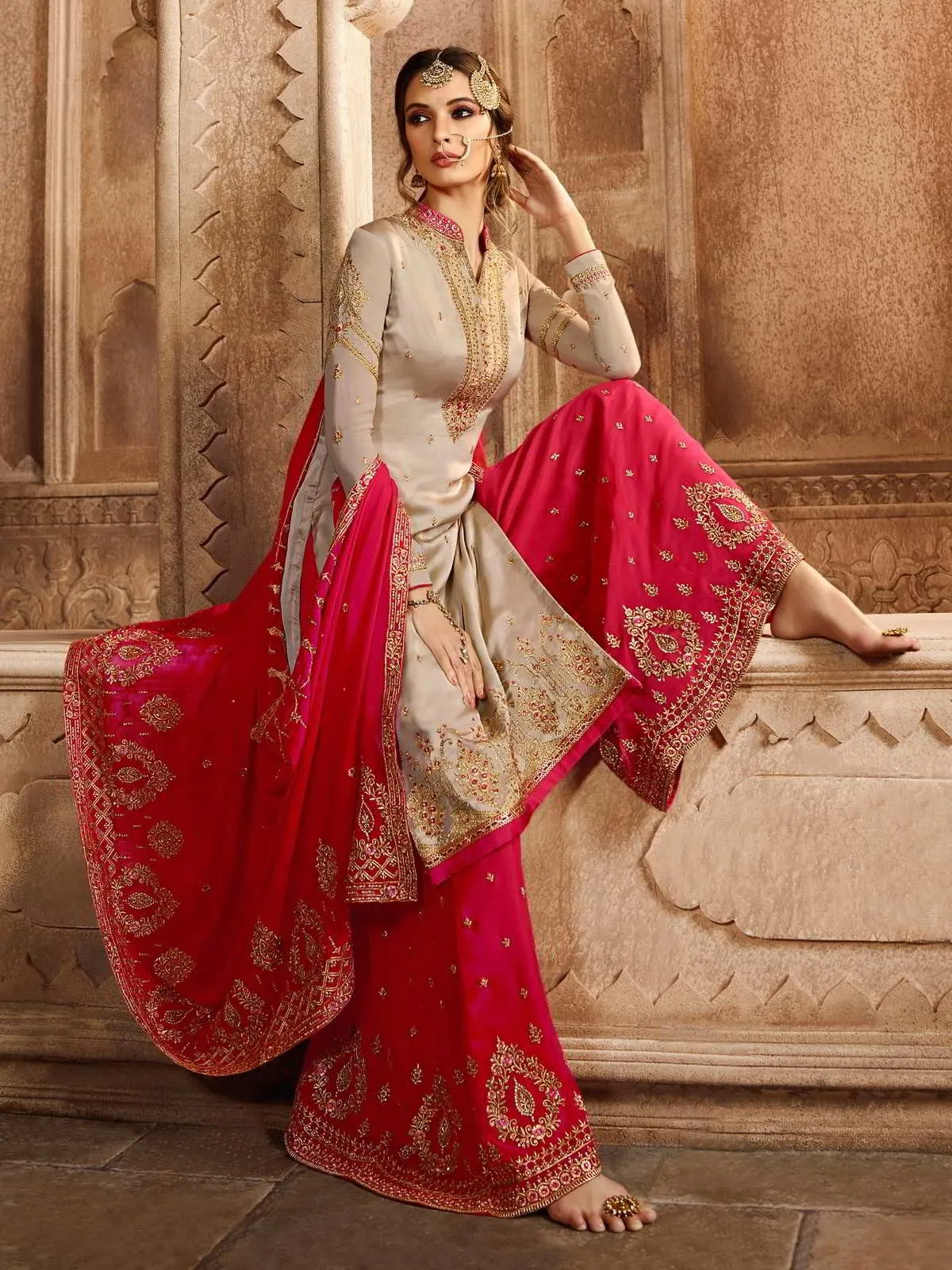 Beige And Pink Embroidered Pakistani Gharara Suit