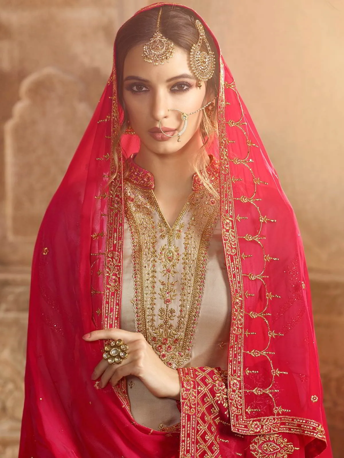 Beige And Pink Embroidered Pakistani Gharara Suit