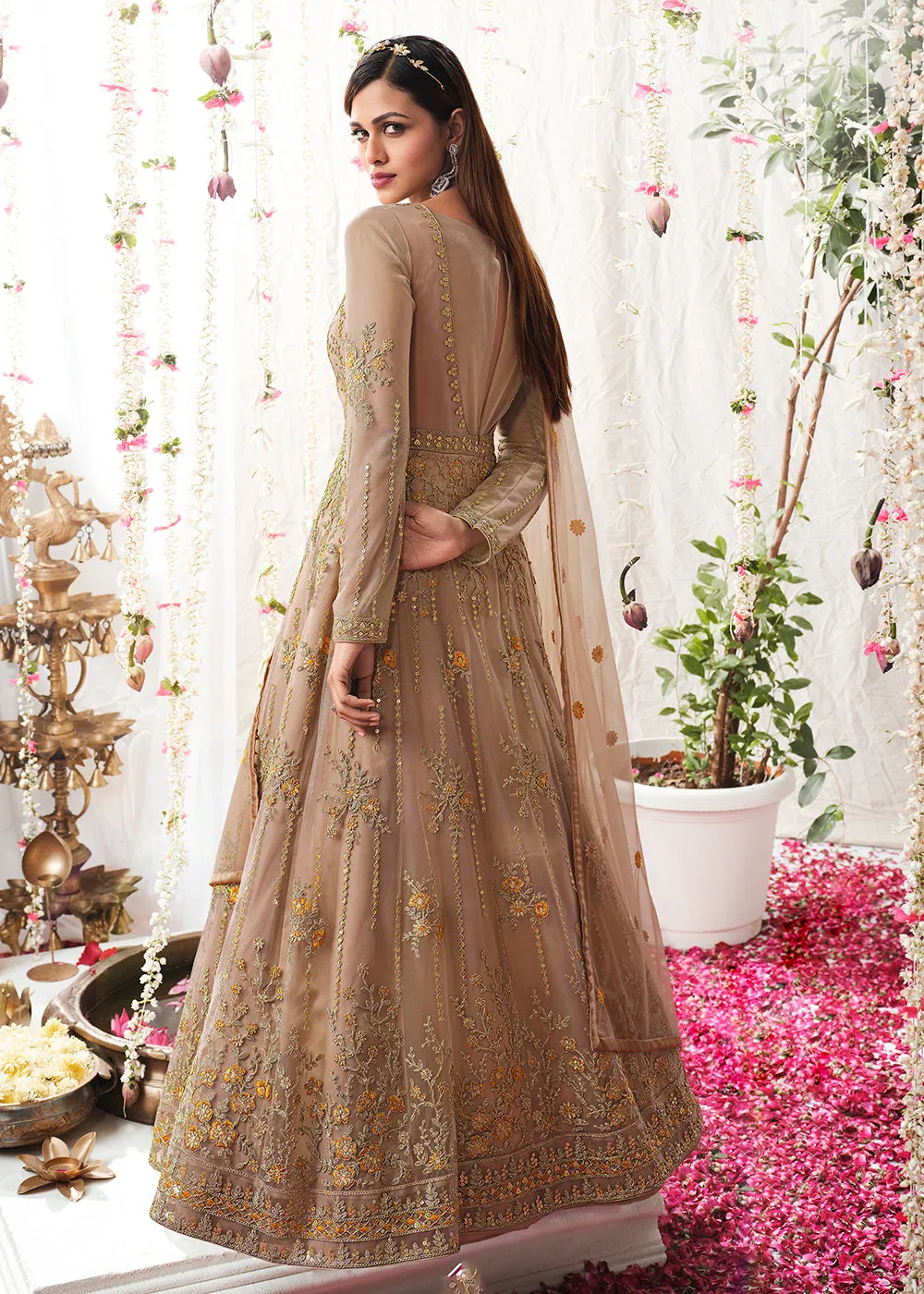 Beige Gold Wedding Festive Floor Length Anarkali Suit