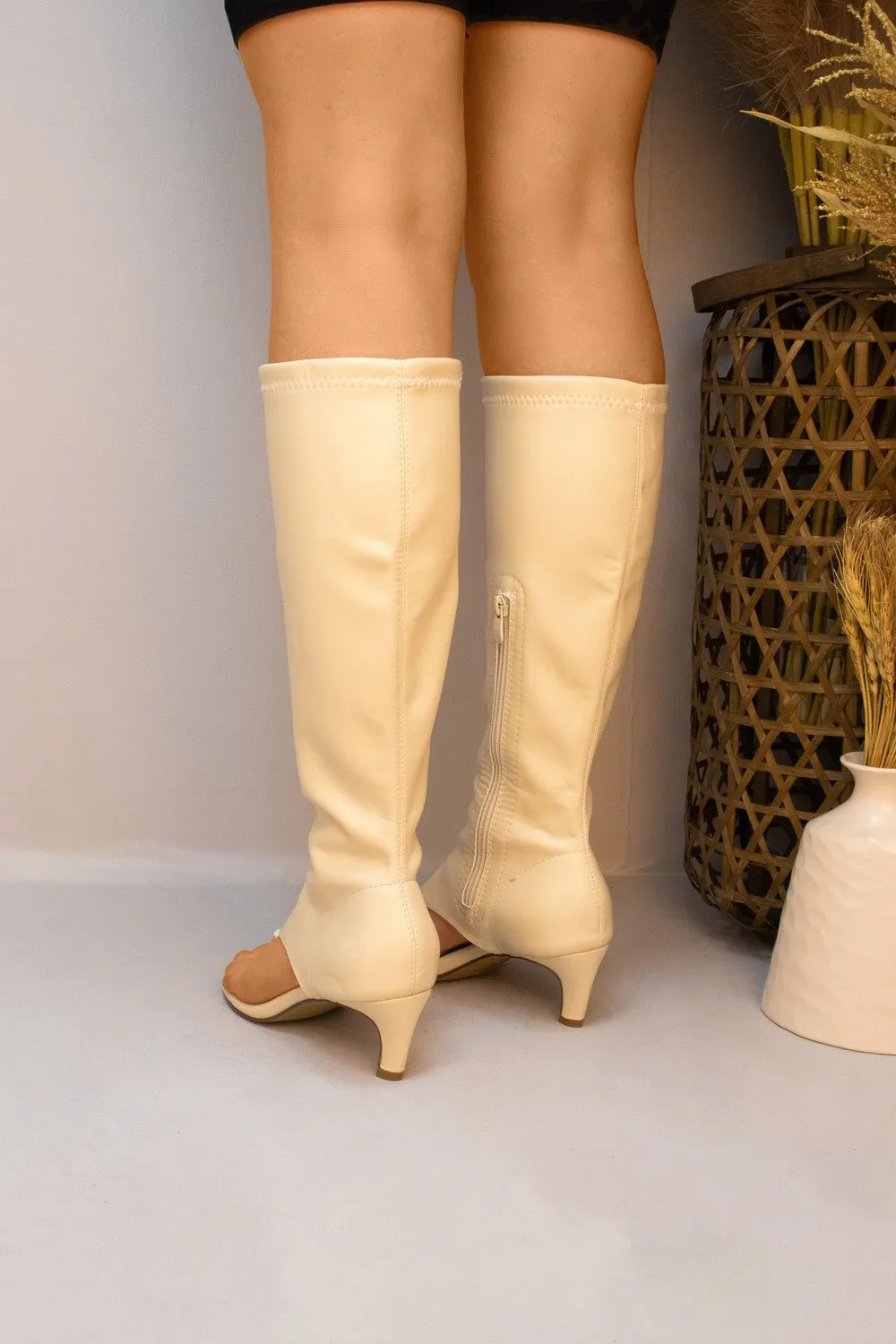 Beige Toe Thong Strap Faux Leather Boots