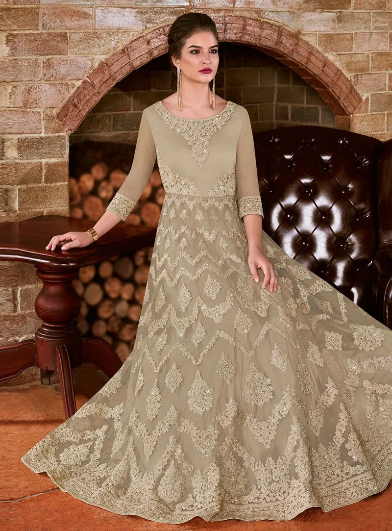 Beige Vibes Embroidered Flared Anarkali Suit