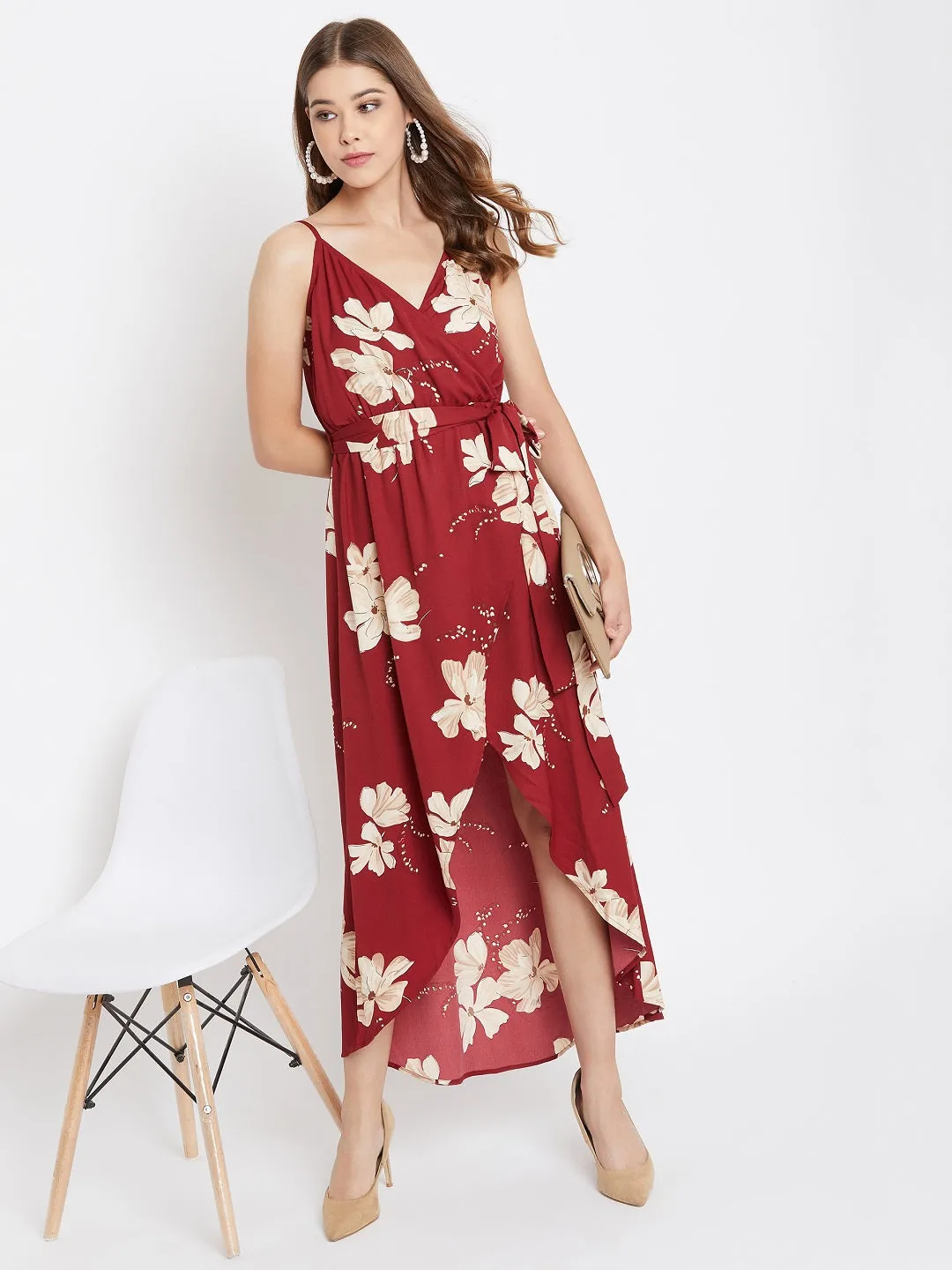 Berrylush Women Maroon Floral Printed V-Neck High-Low Wrap Maxi Dress