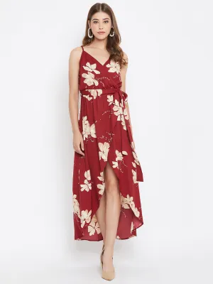 Berrylush Women Maroon Floral Printed V-Neck High-Low Wrap Maxi Dress